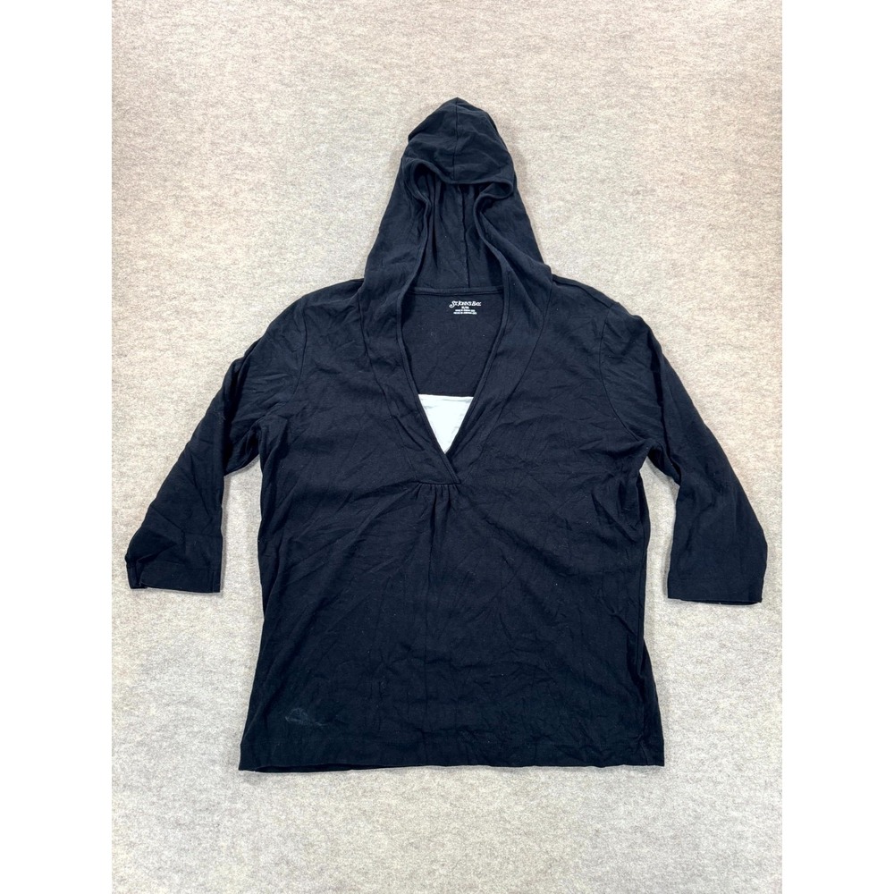 St. John's Bay Hooded Top Womens XL Black 3/4 Sleeve V Neck Comfort Fit Outdoor